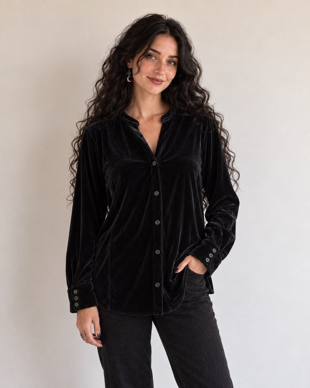 Vintage 90s Harvé Benard Velvet Button Down Top 1X Black Whimsygoth Witchy Vampy